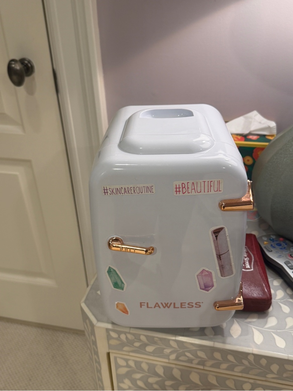 Flawless White Mini Beauty Fridge with Rose Gold Accents